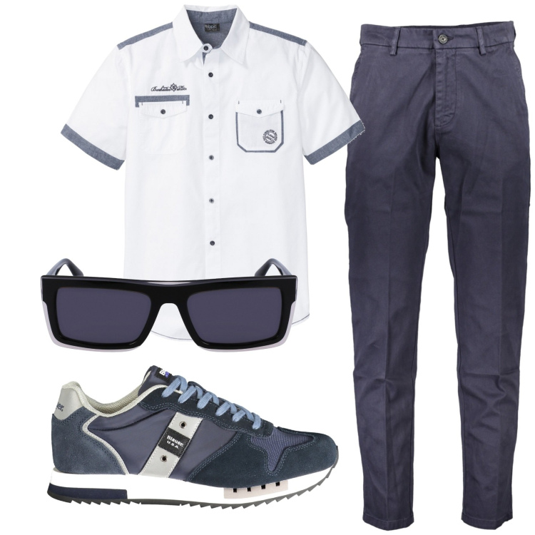 Outfit uomo - Total look #1921817. Stile Casual per Ufficio. Abbinamento con camicie a manica corta, pantaloni, sneakers, occhiali da sole.