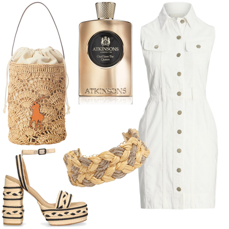 Outfit donna - Intrecci. Stile Glamour per Tutti i giorni. Abbinamento con profumi, vestiti senza maniche, borse a secchiello, sandali col tacco, collane.