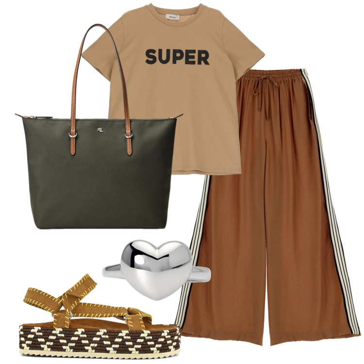 Outfit donna - Dixie summer sales. Stile Sporty chic Abbinamento con anelli, pantaloni a palazzo, t-shirt, borse tote, sandali.