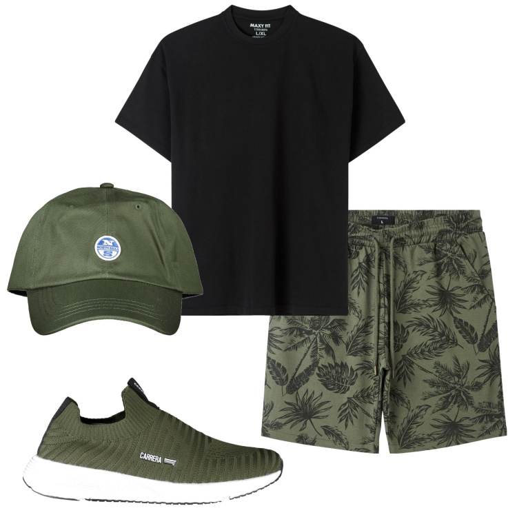 Outfit uomo - Total look #1921873. Stile Casual per Mare. Abbinamento con bermuda, t-shirt, cappelli con visiera, sneakers.