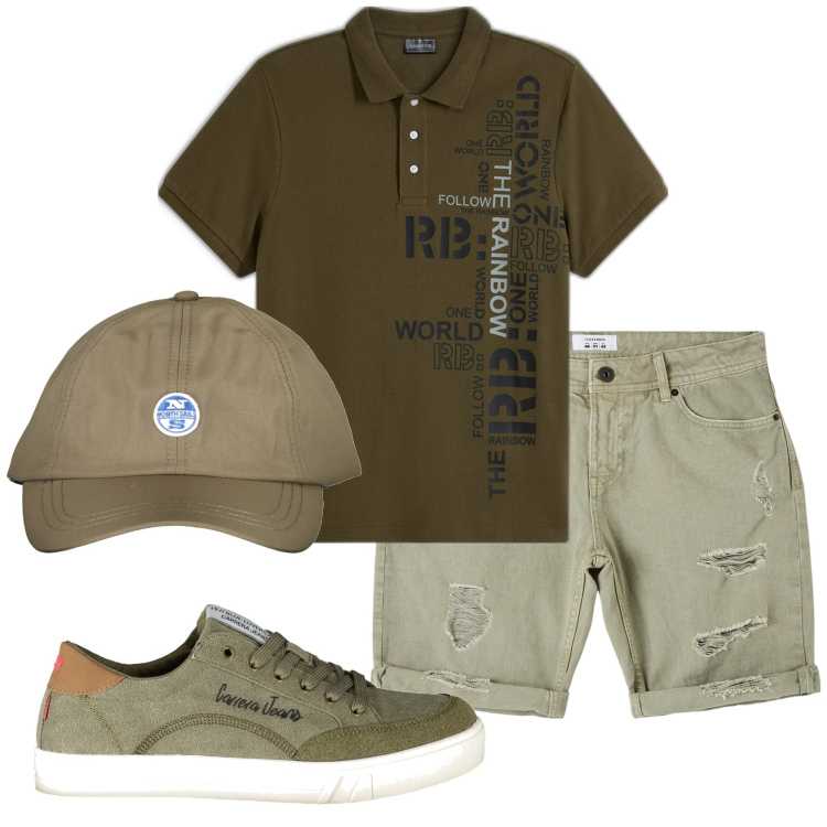 Outfit uomo - Total look #1921876. Stile Casual per Tutti i giorni. Abbinamento con polo, bermuda, sneakers, cappelli con visiera.