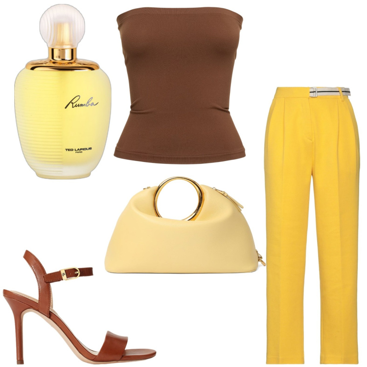 Outfit donna - Pomeriggio con le amiche. Stile Boho per Tutti i giorni. look ideale per Petite. Abbinamento con pantaloni, profumi, sandali in pelle, top, borse a mano.