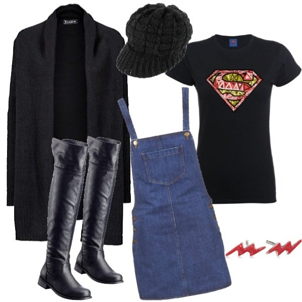 Outfit donna - Superwoman. Stile Urban per Tutti i giorni. look ideale per Tall. Abbinamento con cardigans, stivali sopra il ginocchio, berretto con visiera, jumpsuit blu, t-shirt con fumetto a maniche corte nero, orecchini.