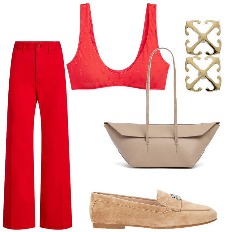 Outfit donna - Top rosso. Stile Bon Ton per Tutti i giorni. look ideale per Petite. Abbinamento con mocassini, pantaloni, top, orecchini, shopping bag.