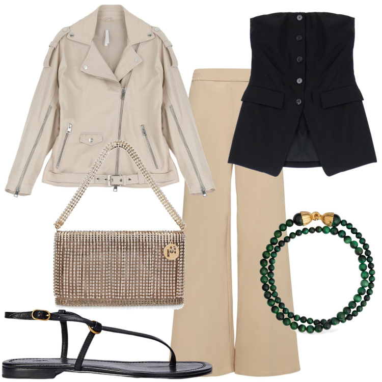 Outfit donna - Serata. Stile Bon Ton per Tutti i giorni. look ideale per Petite. Abbinamento con giacche, top, sandali in pelle, pantaloni, collane, pochette.