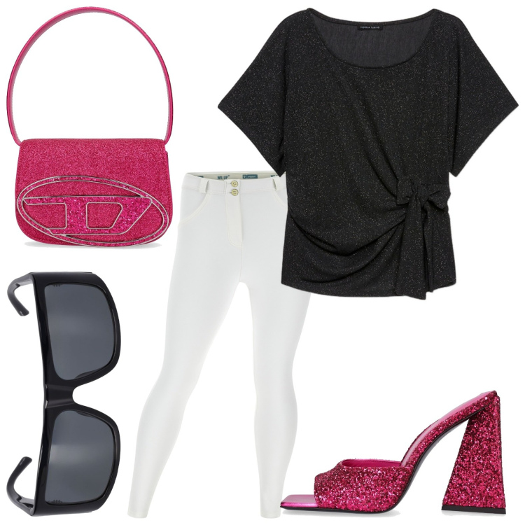 Outfit donna - Skinny bianchi. Stile Bon Ton per Tutti i giorni. look ideale per Petite. Abbinamento con pantaloni skinny, t-shirt, pantofole, occhiali da sole, borse a spalla.