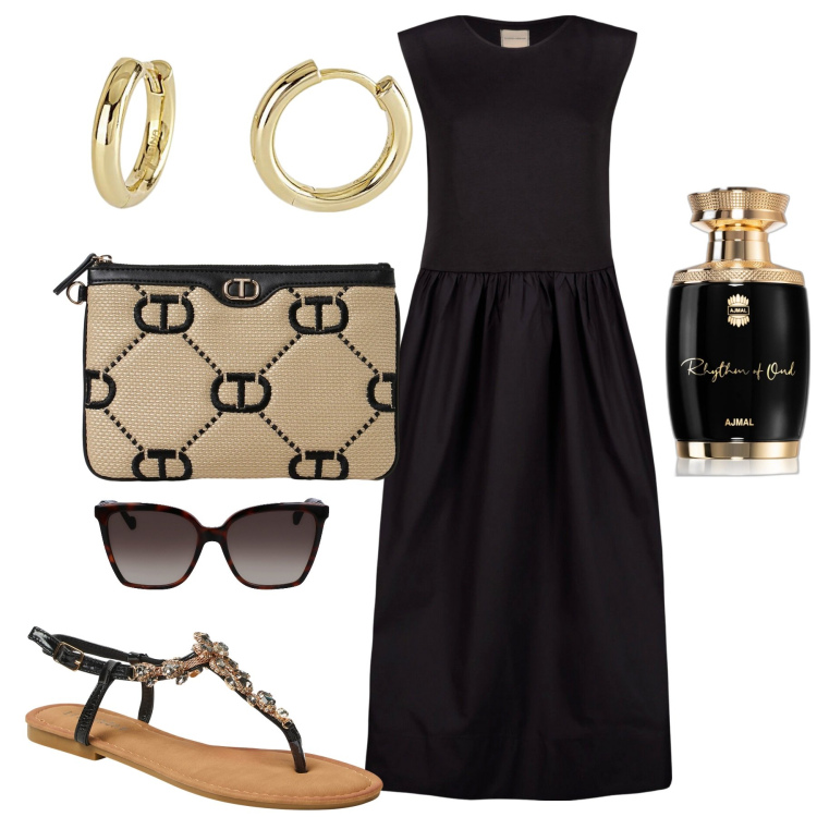Outfit donna - City. Stile Bon Ton per Tutti i giorni. Abbinamento con profumi, sandali gioiello, orecchini, vestiti midi/longuette, clutch, occhiali da sole.