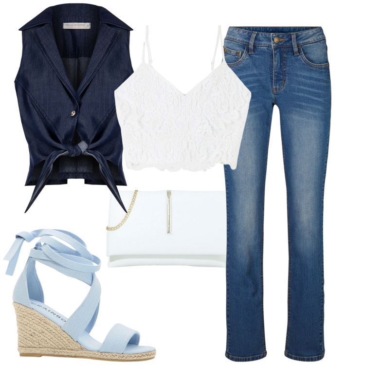 Outfit donna - City. Stile Casual chic per Tutti i giorni. Abbinamento con jeans dritti, sandali, top, gilet, pochette.