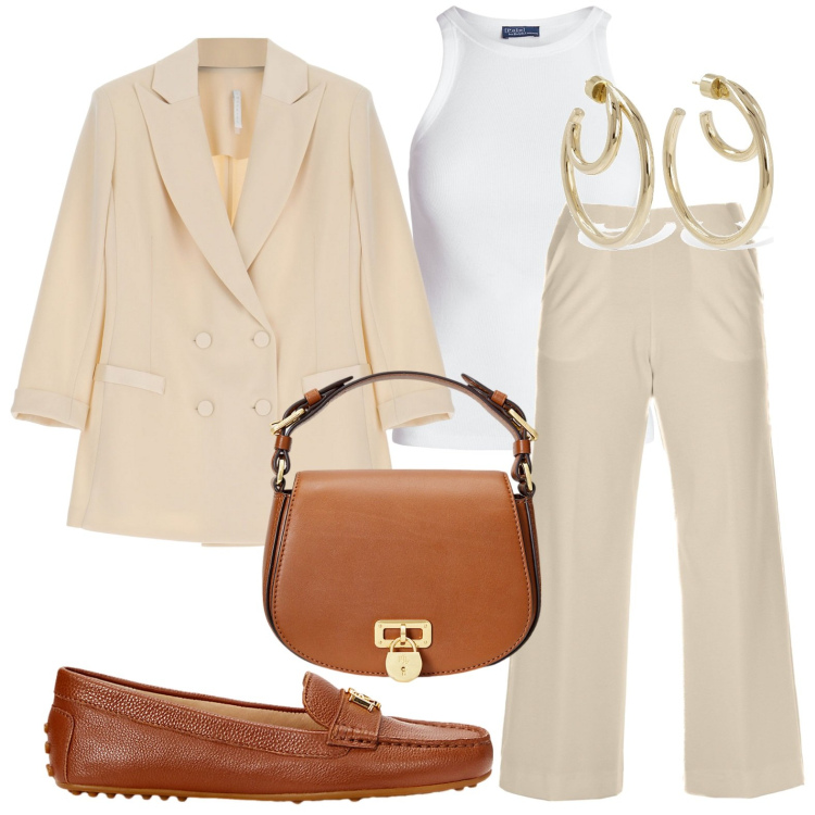 Outfit donna - Tailleur per l\'ufficio. Stile Bon Ton per Ufficio. look ideale per Petite. Abbinamento con blazer, canottiere, mocassini, borse a tracolla, pantaloni, orecchini.