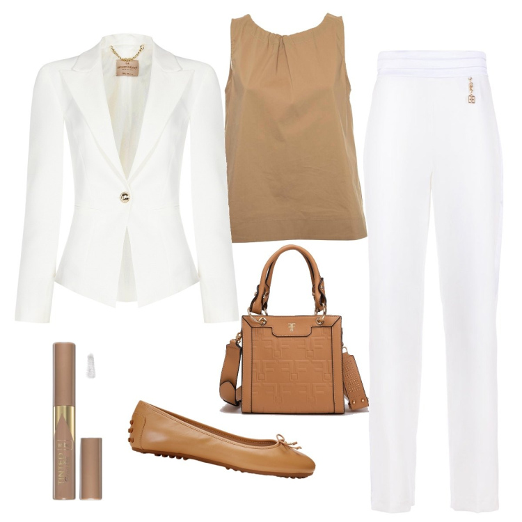 Outfit donna - Curry. Stile Casual chic per Tutti i giorni. Abbinamento con mascara, blazer, pantaloni a palazzo, borse tote, ballerine, top.
