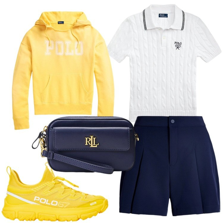 Outfit donna - Preppy Style. Stile Preppy per Tutti i giorni. Abbinamento con pochette, felpe con cappuccio, minigonne, sneakers, polo.