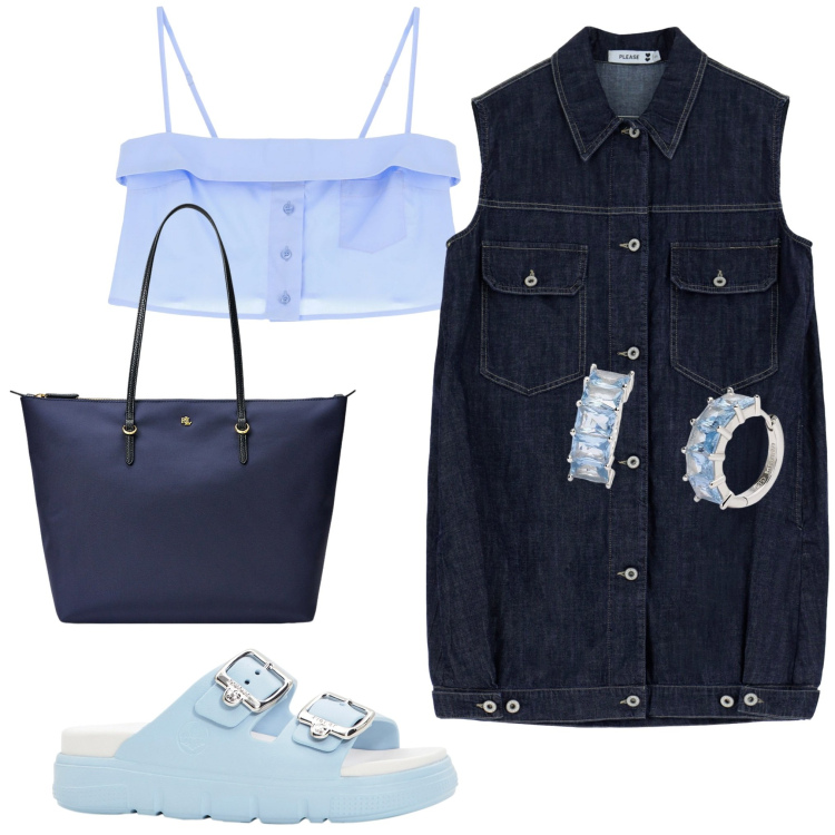 Outfit donna - Abito in jeans. Stile Casual per Tutti i giorni. Abbinamento con ciabatte, orecchini, vestiti corti, top, borse tote.