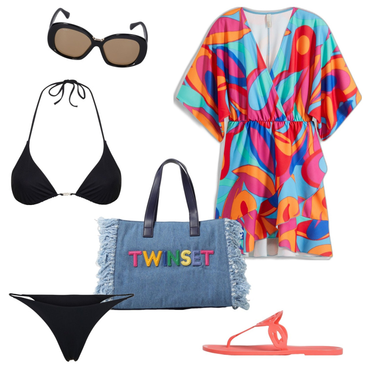 Outfit donna - Bikini nero ... Must have!. Stile Casual per Mare. Abbinamento con vestiti, borse a mano, bikini, ciabatte, bikini, occhiali da sole.