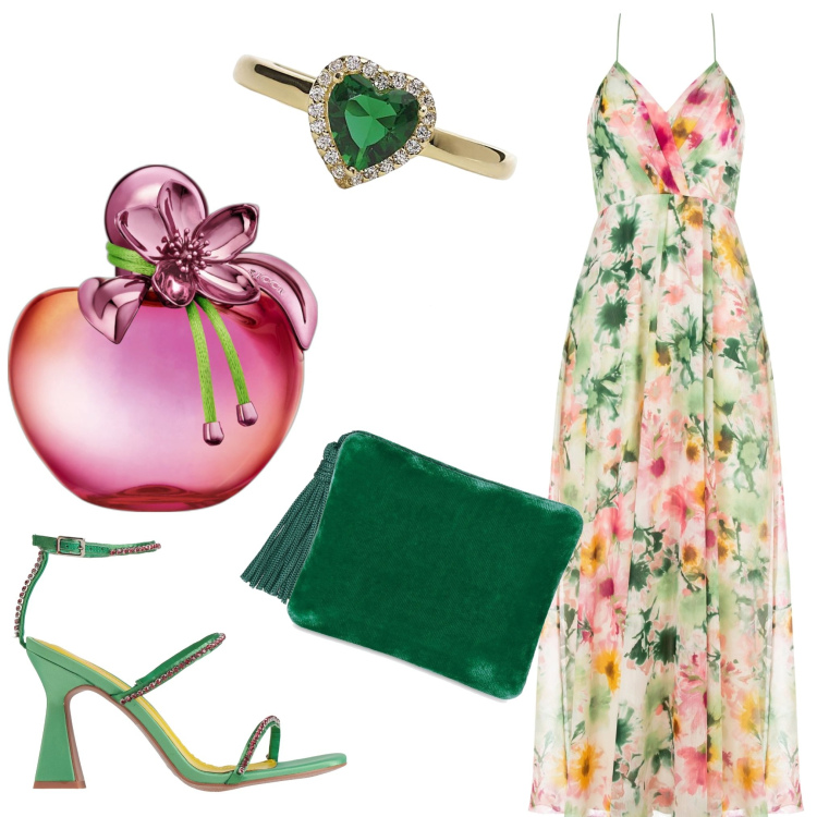 Outfit donna - Cerimonia d\'estate. Stile Chic per Cerimonia. Abbinamento con sandali col tacco, profumi, anelli, vestiti lunghi, pochette.