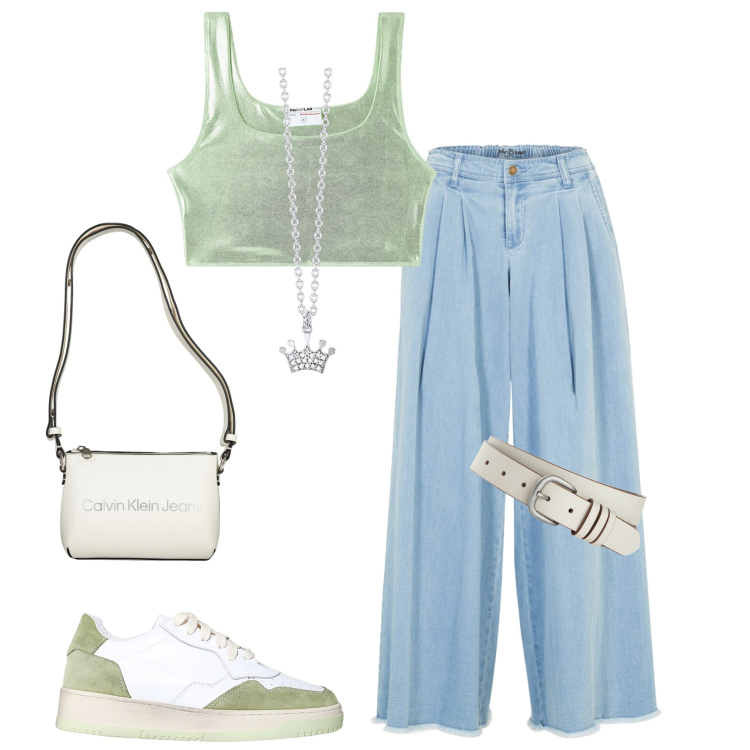 Outfit donna - Verde salvia. Stile Casual per Serata fuori. Abbinamento con gonne, cinture, top, collane, sneakers, borse a tracolla.