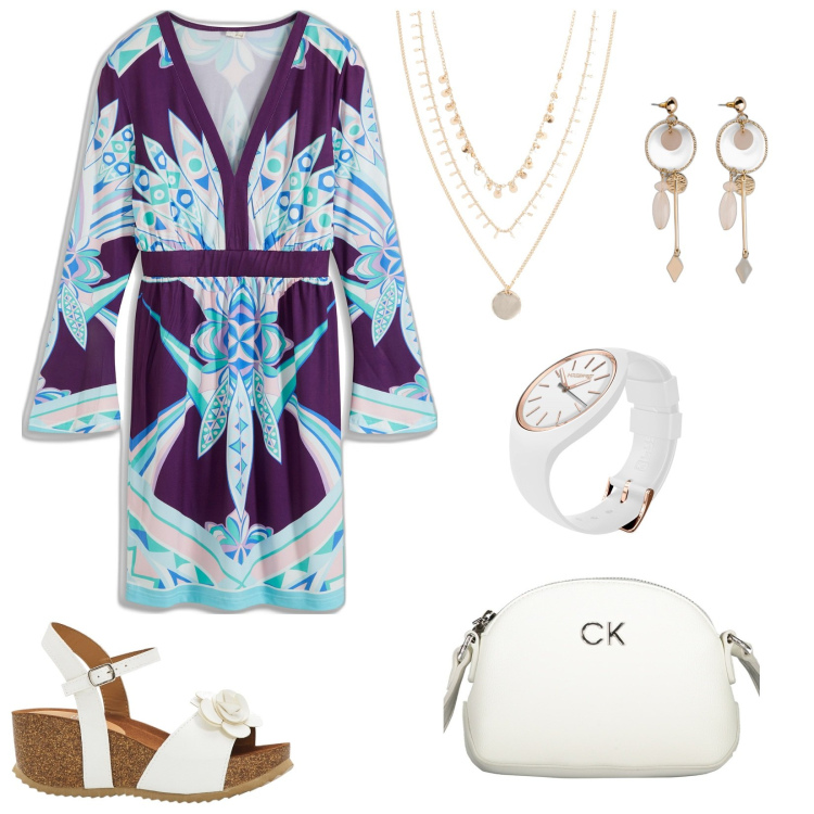 Outfit donna - Libera e felice. Stile Glamour per Tutti i giorni. Abbinamento con sandali, orecchini, collane, vestiti, orologi, borse a tracolla.