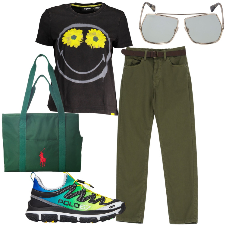 Outfit donna - Total look. Stile Sporty chic per Tutti i giorni. Abbinamento con pantaloni, borse tote, sneakers, t-shirt, occhiali da sole.