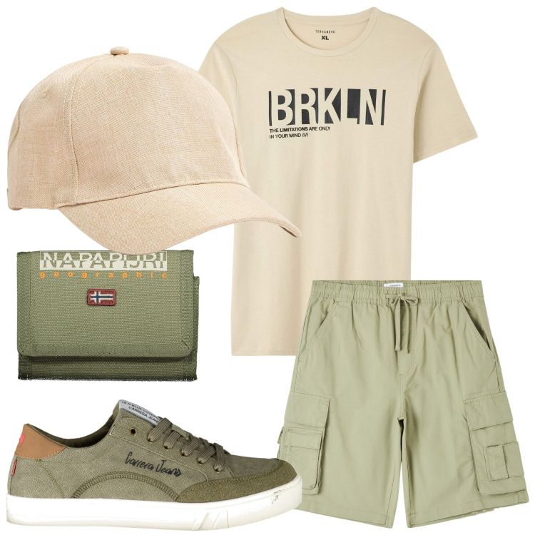 Outfit uomo - T-shirt BRKLN. Stile Casual per Tutti i giorni. Abbinamento con pantaloni corti, t-shirt, cappelli, sneakers, portafogli.