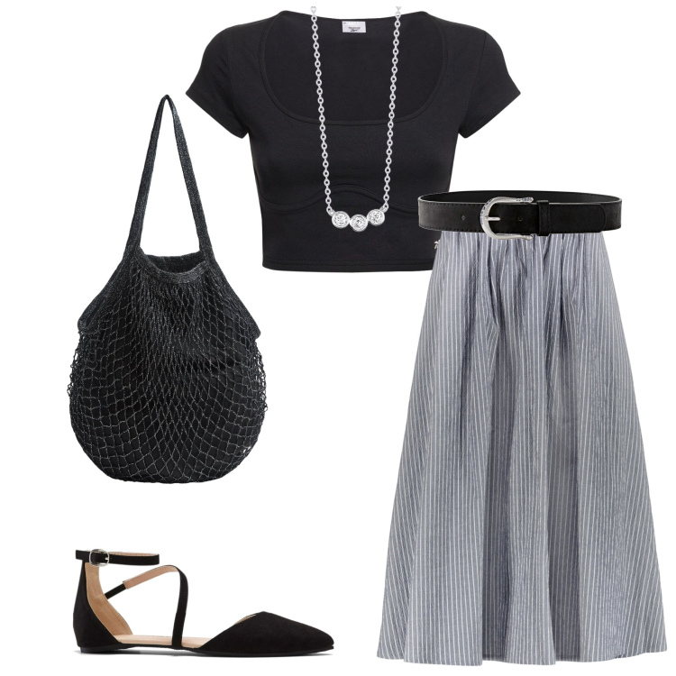 Outfit donna - In città. Stile Basic per Ufficio. Abbinamento con cinture, ballerine, borse a tracolla, collane, gonne, t-shirt.