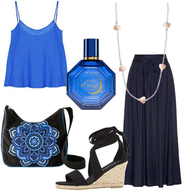 Outfit donna - Buona domenica. Stile Etnico per Tutti i giorni. Abbinamento con gonne lunghe, borse a tracolla, sandali, profumi, collane, top.