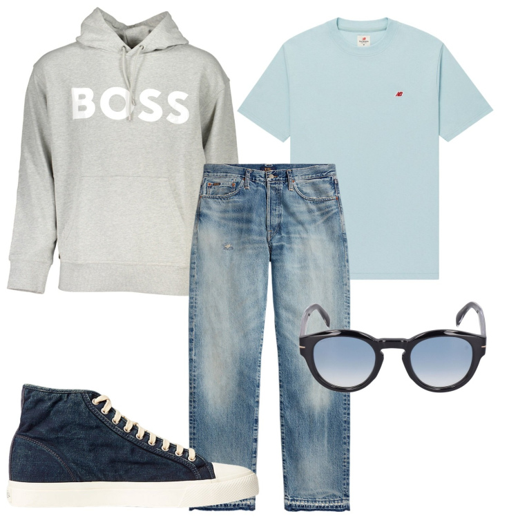 Outfit uomo - In jeans minimal. Stile Casual per Tutti i giorni. Abbinamento con t-shirt, sneakers, jeans dritti, occhiali da sole, felpe con cappuccio.