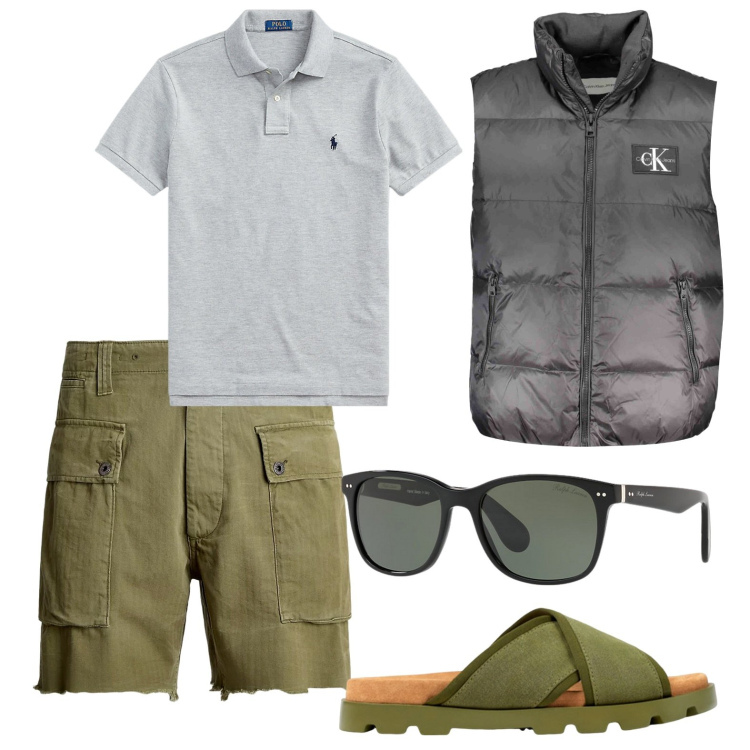 Outfit uomo - Il gilet. Stile Casual per Tutti i giorni. Abbinamento con polo, occhiali da sole, shorts, giacche, sandali.