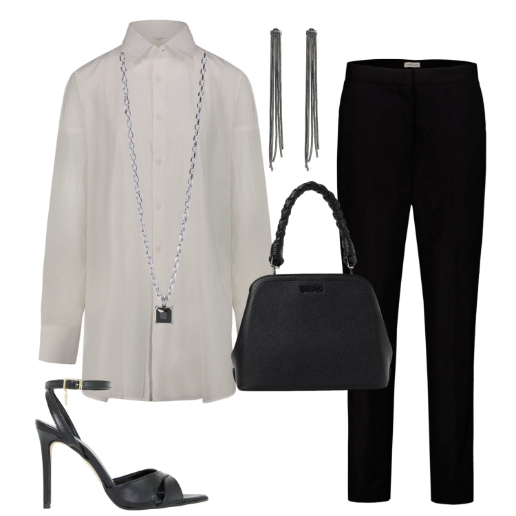 Outfit donna - A cena fuori. Stile Chic per Serata fuori. Abbinamento con collane, décolleté, pantaloni, camicie, orecchini, borse a spalla.
