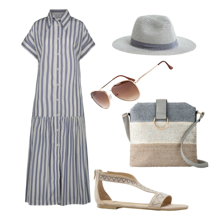 Outfit donna - Lo chemisier per l’estate. Stile Trendy per Tutti i giorni. Abbinamento con occhiali da sole, borse a tracolla, sandali, cappelli, vestiti chemisier.