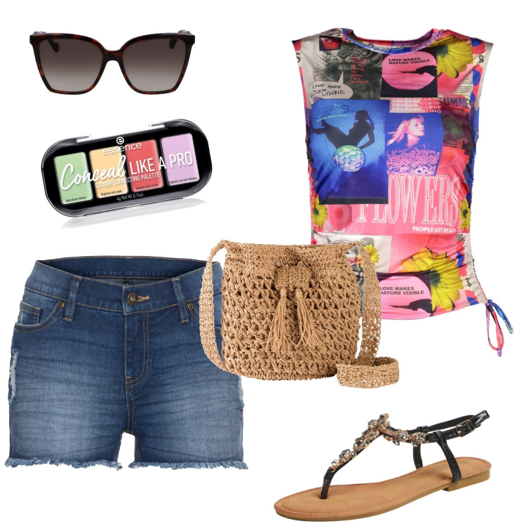Outfit donna - Shorts più canotta. Stile Preppy per Tutti i giorni. Abbinamento con shorts, borse a tracolla, primer, sandali gioiello, canottiere, occhiali da sole.