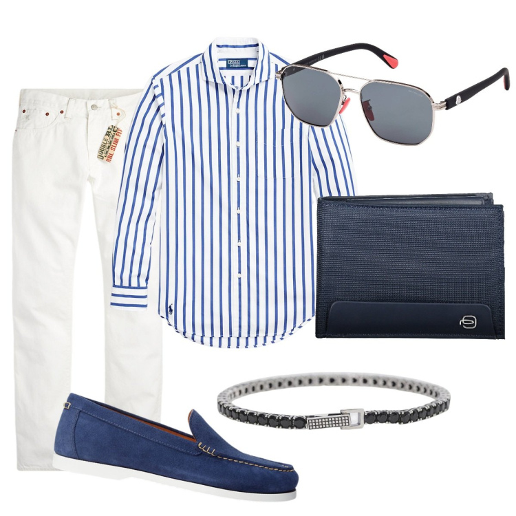 Outfit uomo - Invitato a una festa di compleanno. Stile Casual per Serata speciale. Abbinamento con braccialetti, scarpe stringate, jeans slim fit, camicie, portafogli, occhiali da sole.