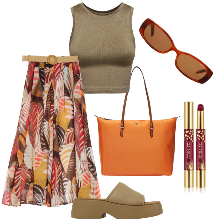 Outfit donna - Luminosa tra i colori caldi dell’estate. Stile Trendy per Tutti i giorni. Abbinamento con rossetti, gonne lunghe, borse tote, sandali in pelle, canottiere, occhiali da sole.