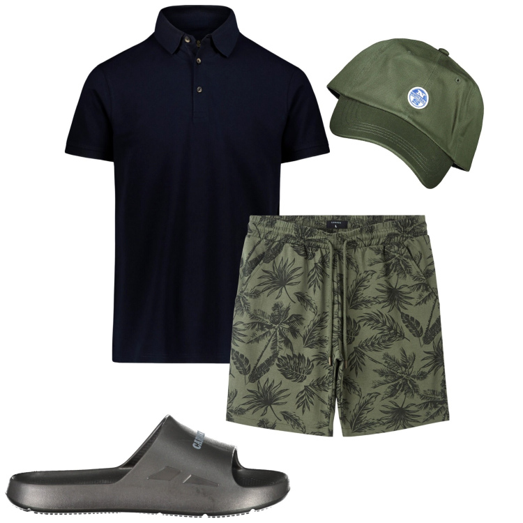 Outfit uomo - Al mare. Stile Casual per Tutti i giorni. Abbinamento con bermuda, polo, cappelli con visiera, sandali.