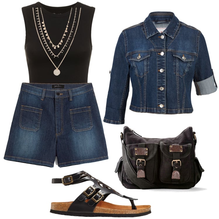 Outfit donna - Must have: completo di jeans. Stile Casual per Tutti i giorni. Abbinamento con collane, blazer, shorts, borse a tracolla, sandali in pelle, canottiere.