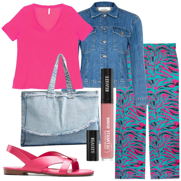Outfit donna - Decisa. Stile Basic per Tutti i giorni. Abbinamento con sandali, rossetti, shopping bag, blazer, t-shirt, pantaloni.