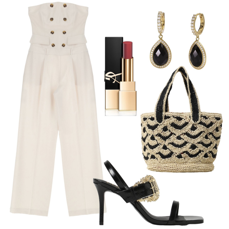 Outfit donna - La tuta per la sera. Stile Chic per Serata fuori. Abbinamento con rossetti, orecchini, tute, borse a mano, sandali col tacco.
