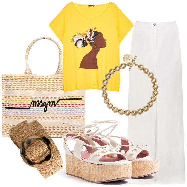 Outfit donna - Estate. Stile Casual chic per Tutti i giorni. Abbinamento con cinture, sandali col tacco, braccialetti, t-shirt, pantaloni, shopping bag.