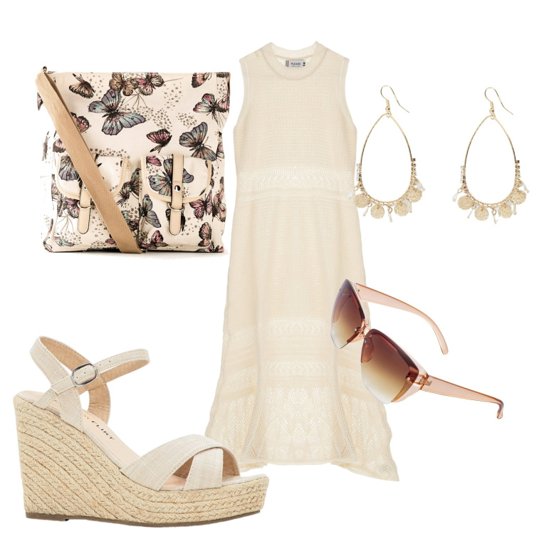 Outfit donna - Shopping al mare. Stile Boho per Mare. Abbinamento con borse a tracolla, occhiali da sole, sandali, orecchini, vestiti lunghi.