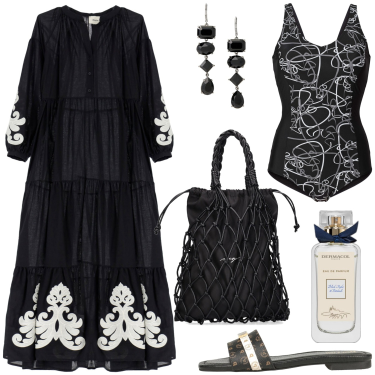 Outfit donna - Il mio Bohémien. Stile Boho per Mare. Abbinamento con costumi interi, sandali in pelle, profumi, vestiti lunghi, orecchini, shopping bag.