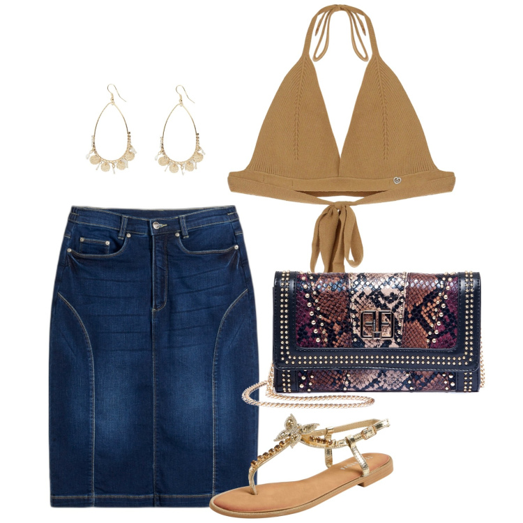 Outfit donna - By night. Stile Casual chic per Serata fuori. Abbinamento con gonne, sandali gioiello, pochette, top, orecchini.