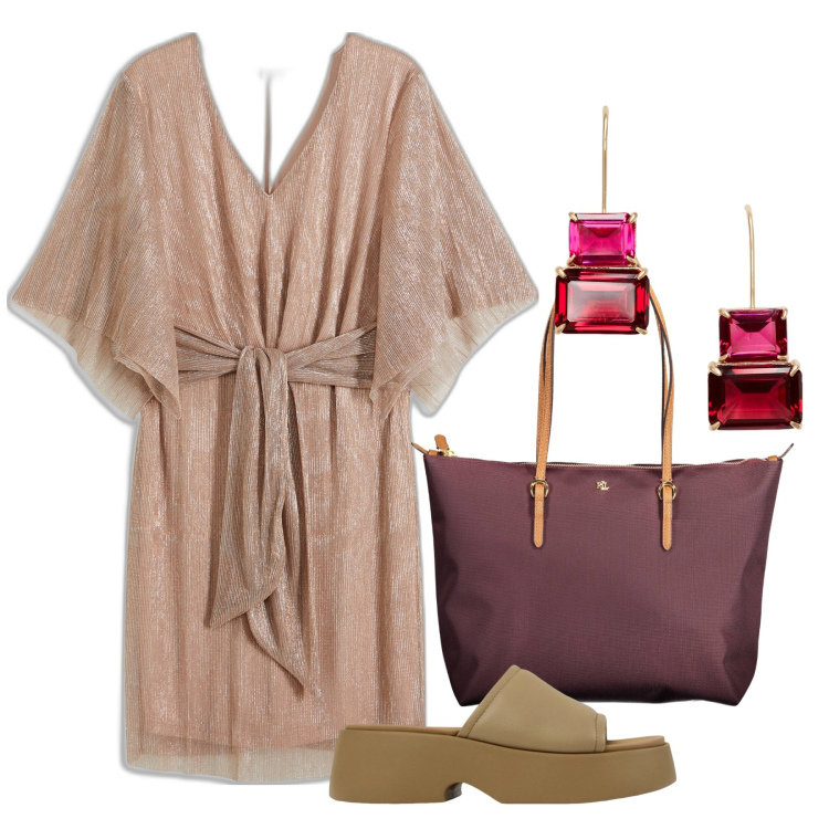 Outfit donna - Tunica. Stile Bon Ton per Tutti i giorni. Abbinamento con vestiti, orecchini, sandali in pelle, borse a spalla.