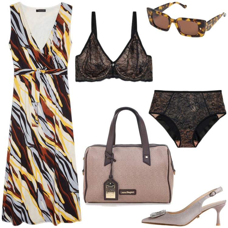 Outfit donna - donna curvy ufficio. Stile Chic per Ufficio. Abbinamento con reggiseni, culotte, vestiti lunghi, borse a mano, scarpe col tacco, occhiali da sole.