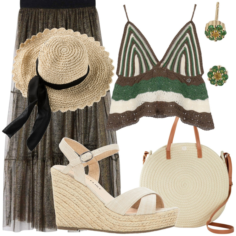 Outfit donna - Free. Stile Etnico per Tutti i giorni. look ideale per Petite. Abbinamento con cappelli, sandali, borse a tracolla, gonne, orecchini, top.