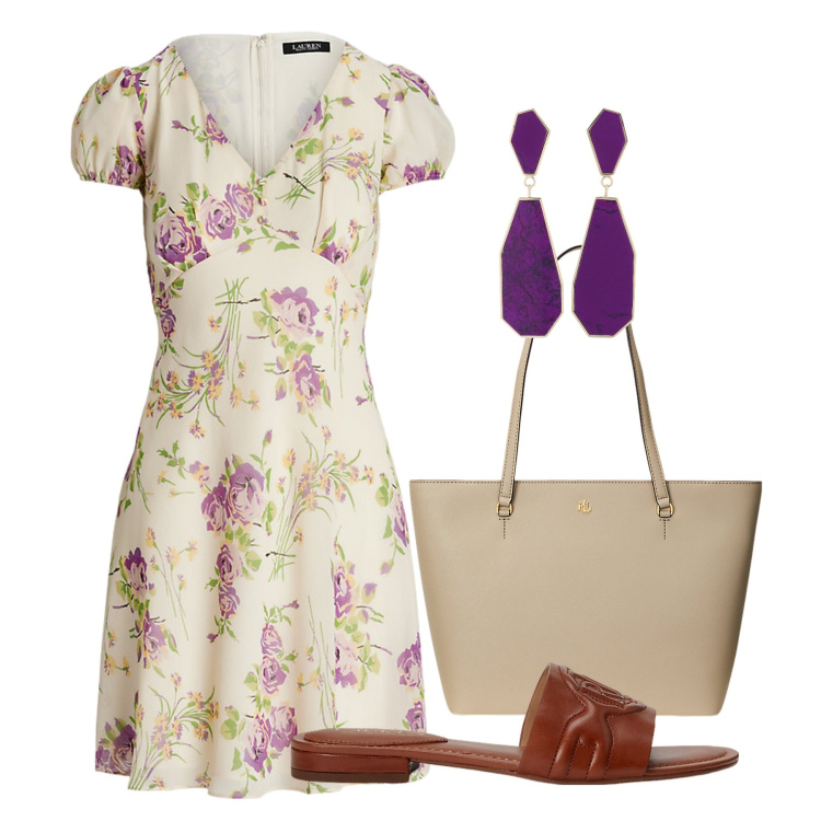 Outfit donna - Fiori viola. Stile Romantica per Tutti i giorni. Abbinamento con borse tote, sandali in pelle, vestiti, orecchini.