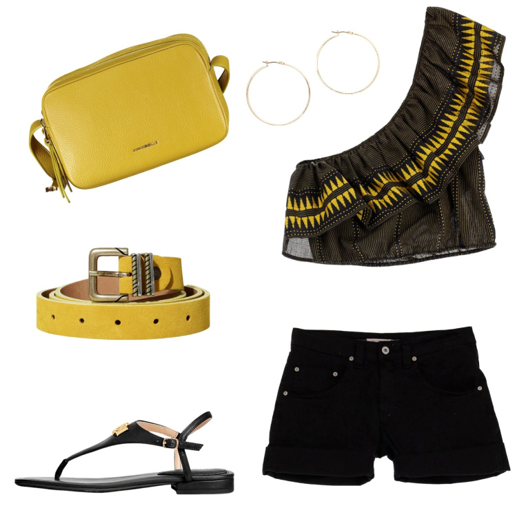 Outfit donna - Una spruzzata di curry sul top. Stile Casual per Tutti i giorni. Abbinamento con cinture, top, shorts, orecchini, sandali in pelle, borse a tracolla.