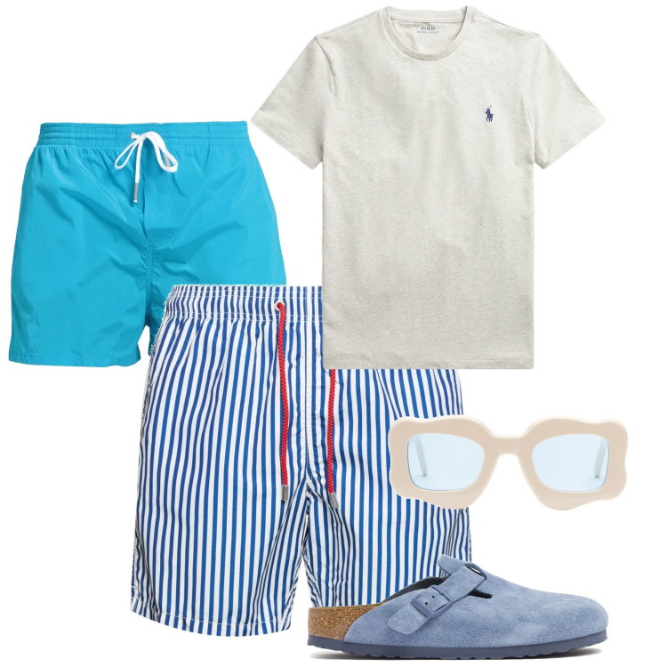 Outfit uomo - Minimal. Stile Casual per Tutti i giorni. Abbinamento con costumi, t-shirt, occhiali da sole, shorts, sandali.
