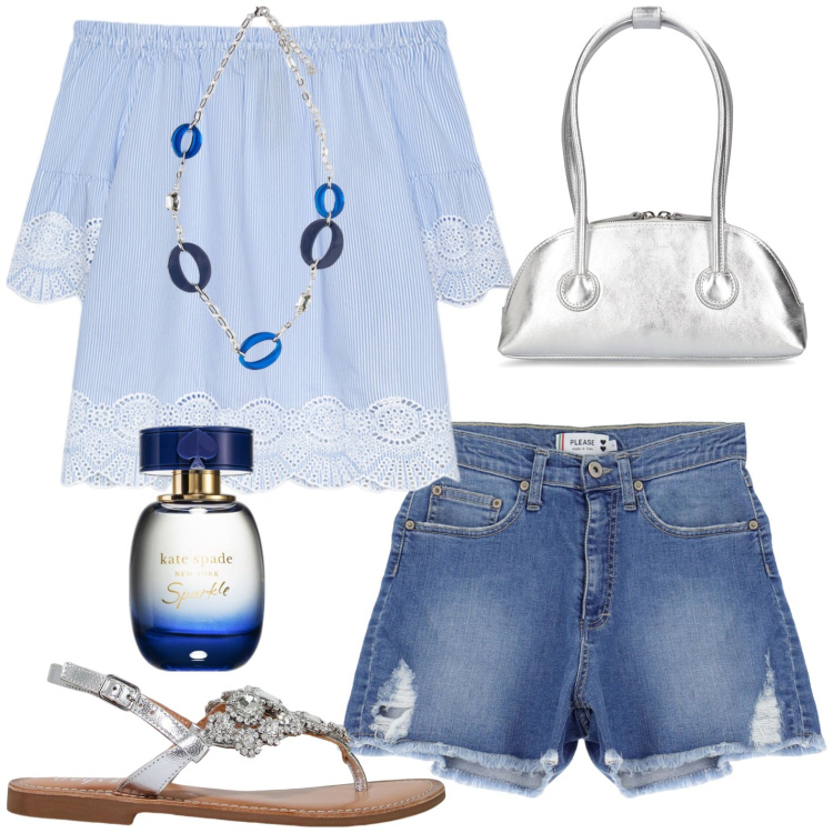 Outfit donna - Total look #1922098. Stile Casual per Tutti i giorni. Abbinamento con profumi, shorts, sandali, bluse, ciondoli, borse a spalla.
