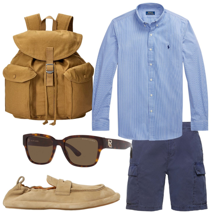 Outfit uomo - Weekend fuori città. Stile Casual per Tutti i giorni. Abbinamento con occhiali da sole, camicie, borse sportive, shorts, scarpe stringate.