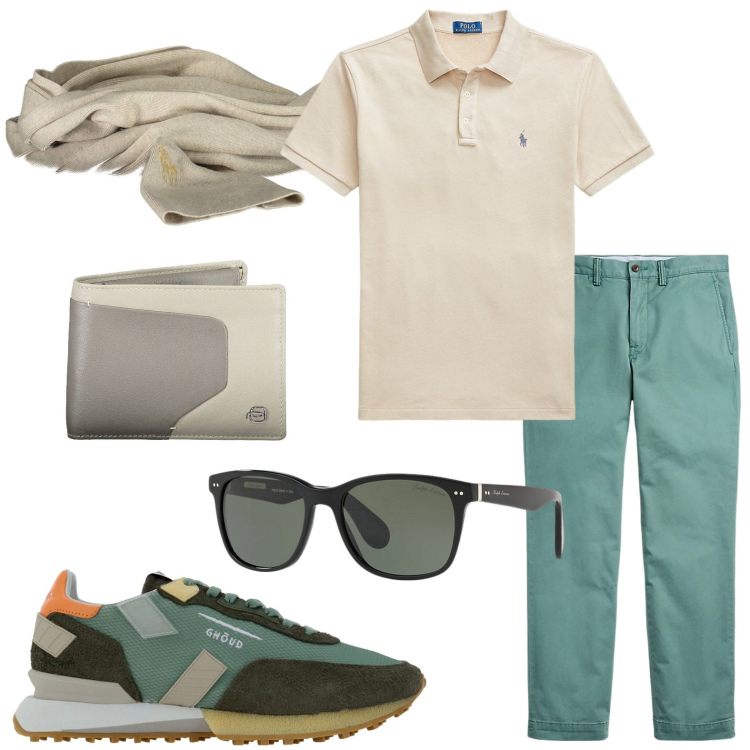 Outfit uomo - Polo e sneackers. Stile Casual per Tutti i giorni. Abbinamento con pantaloni, occhiali da sole, polo, sciarpe, portafogli, sneakers.