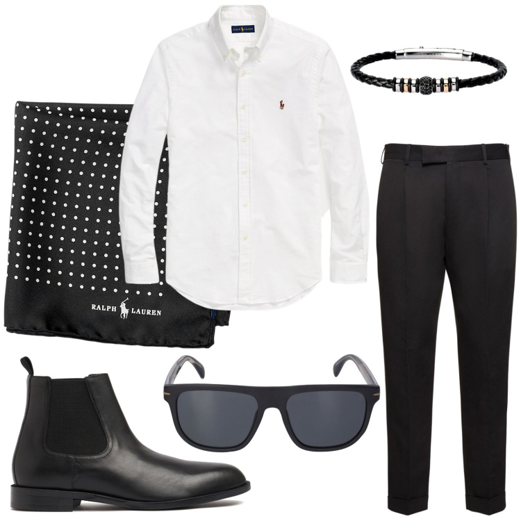 Outfit uomo - Serata. Stile Casual per Tutti i giorni. Abbinamento con braccialetti, giacche, camicie, occhiali da sole, stivali e stivaletti, pantaloni.