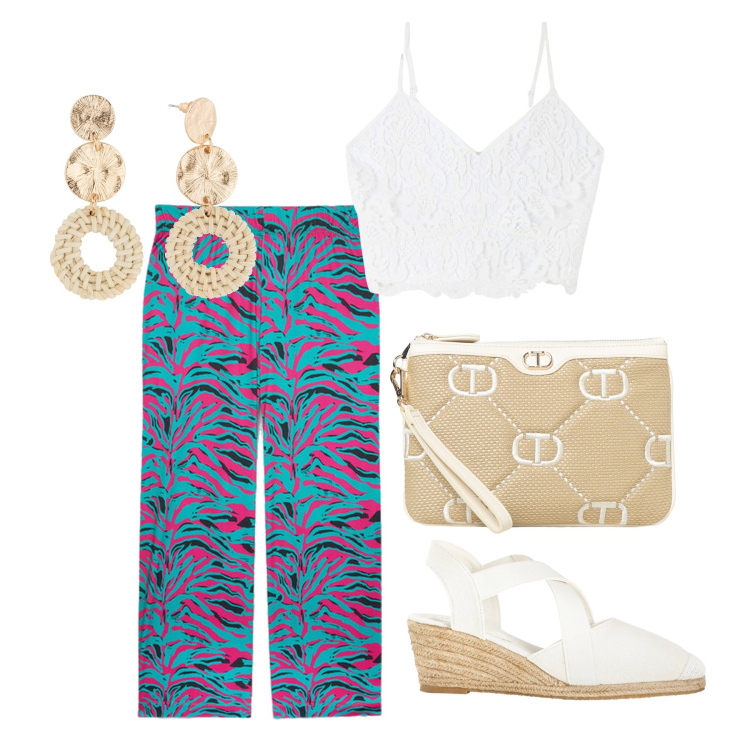Outfit donna - Ghost outfitter - luglio. Stile Trendy per Tutti i giorni. Abbinamento con orecchini, sandali, top, clutch, pantaloni.